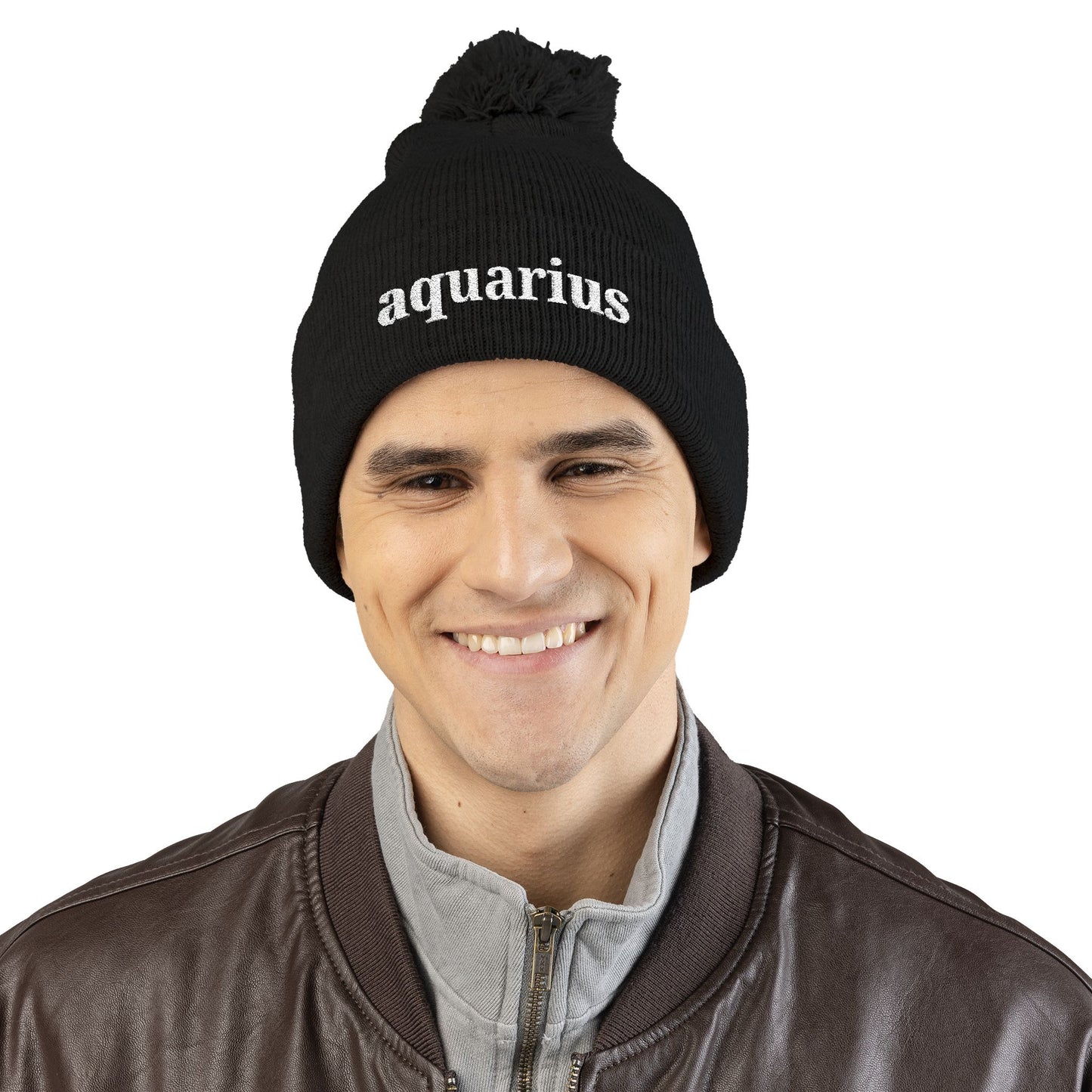 Aquarius Embroidered Pom-Pom Knit Cap