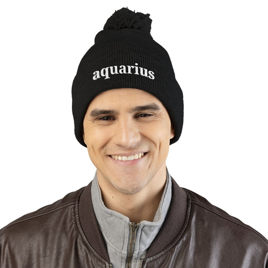 Aquarius Embroidered Pom-Pom Knit Cap
