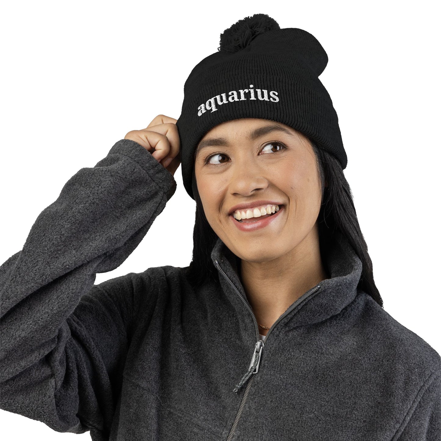 Aquarius Embroidered Pom-Pom Knit Cap