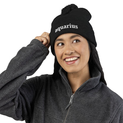 Aquarius Embroidered Pom-Pom Knit Cap