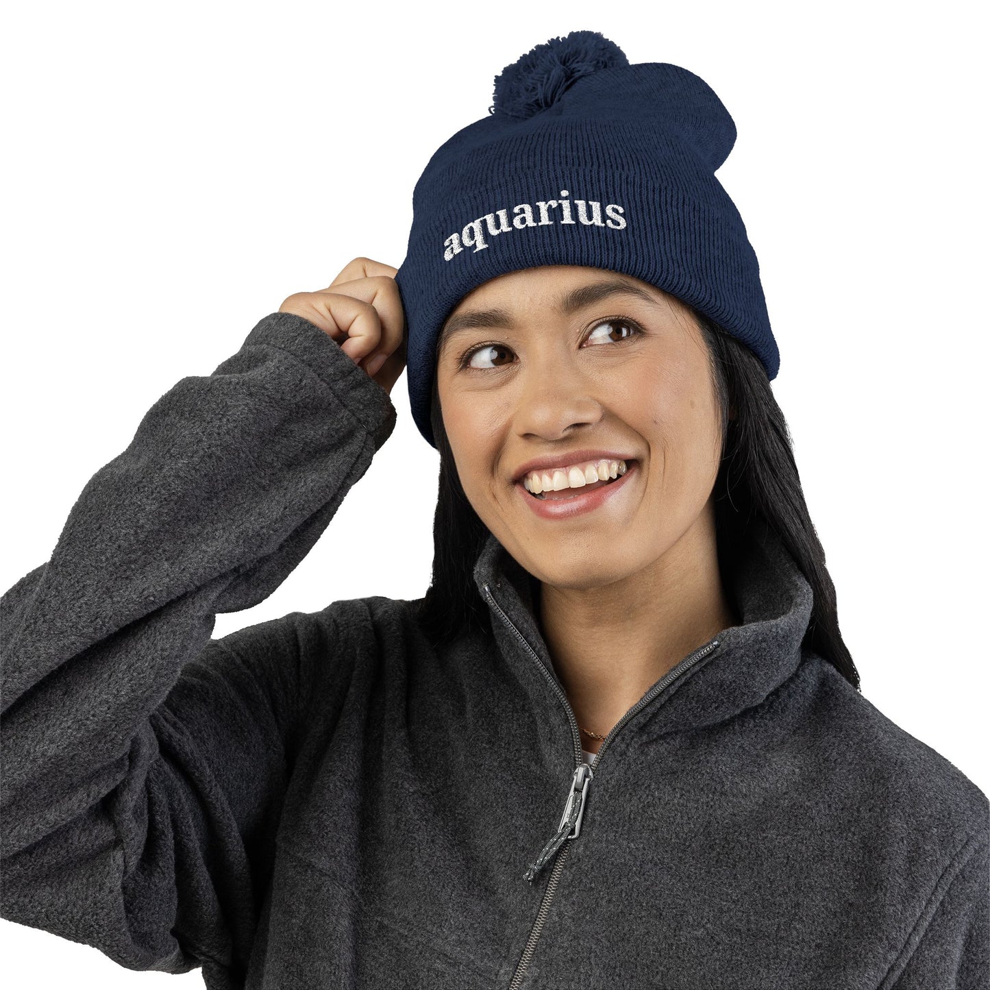 Aquarius Embroidered Pom-Pom Knit Cap