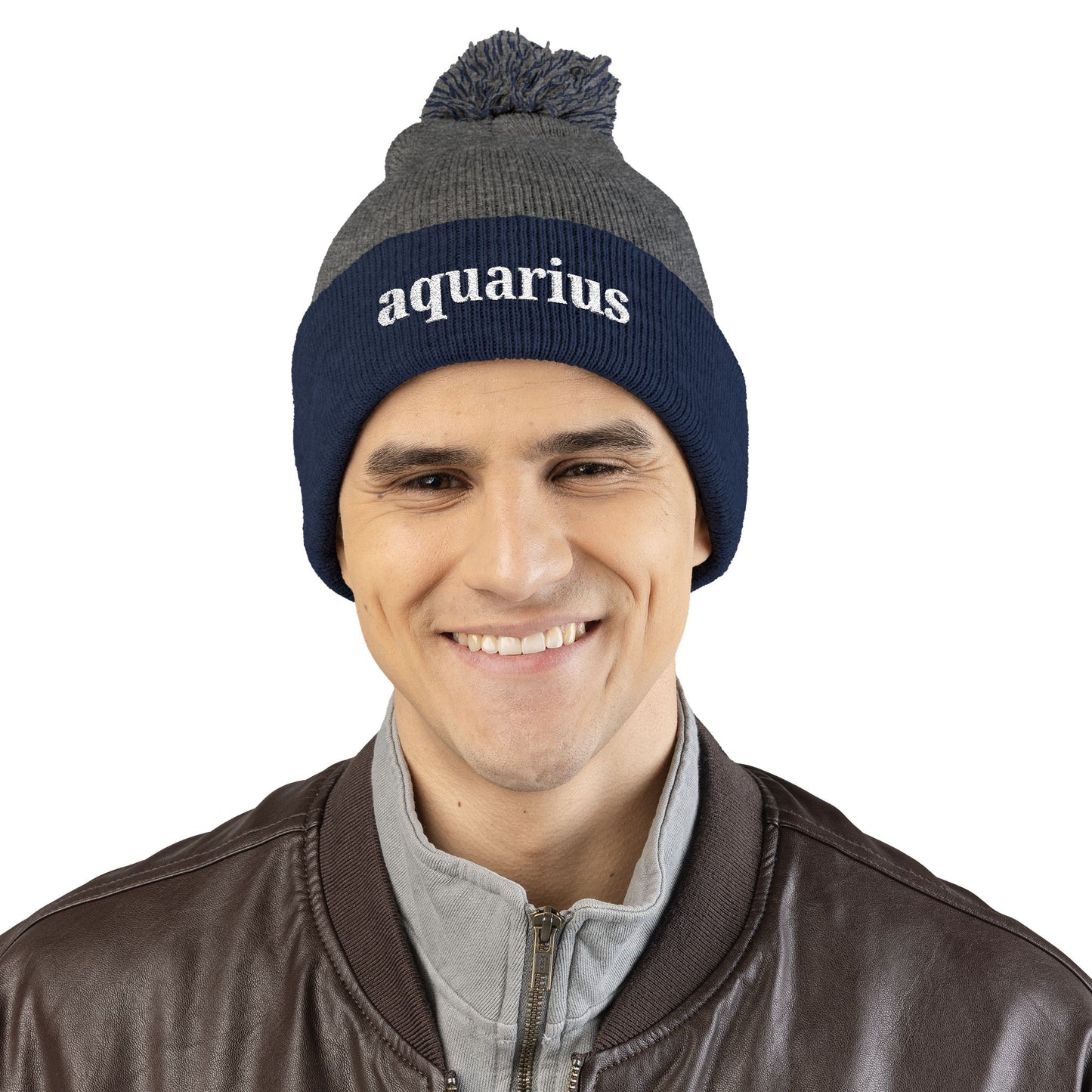 Aquarius Embroidered Pom-Pom Knit Cap