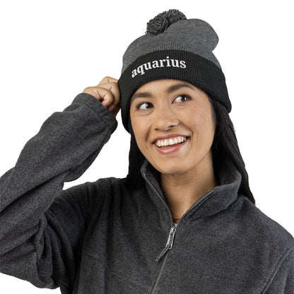 Aquarius Embroidered Pom-Pom Knit Cap